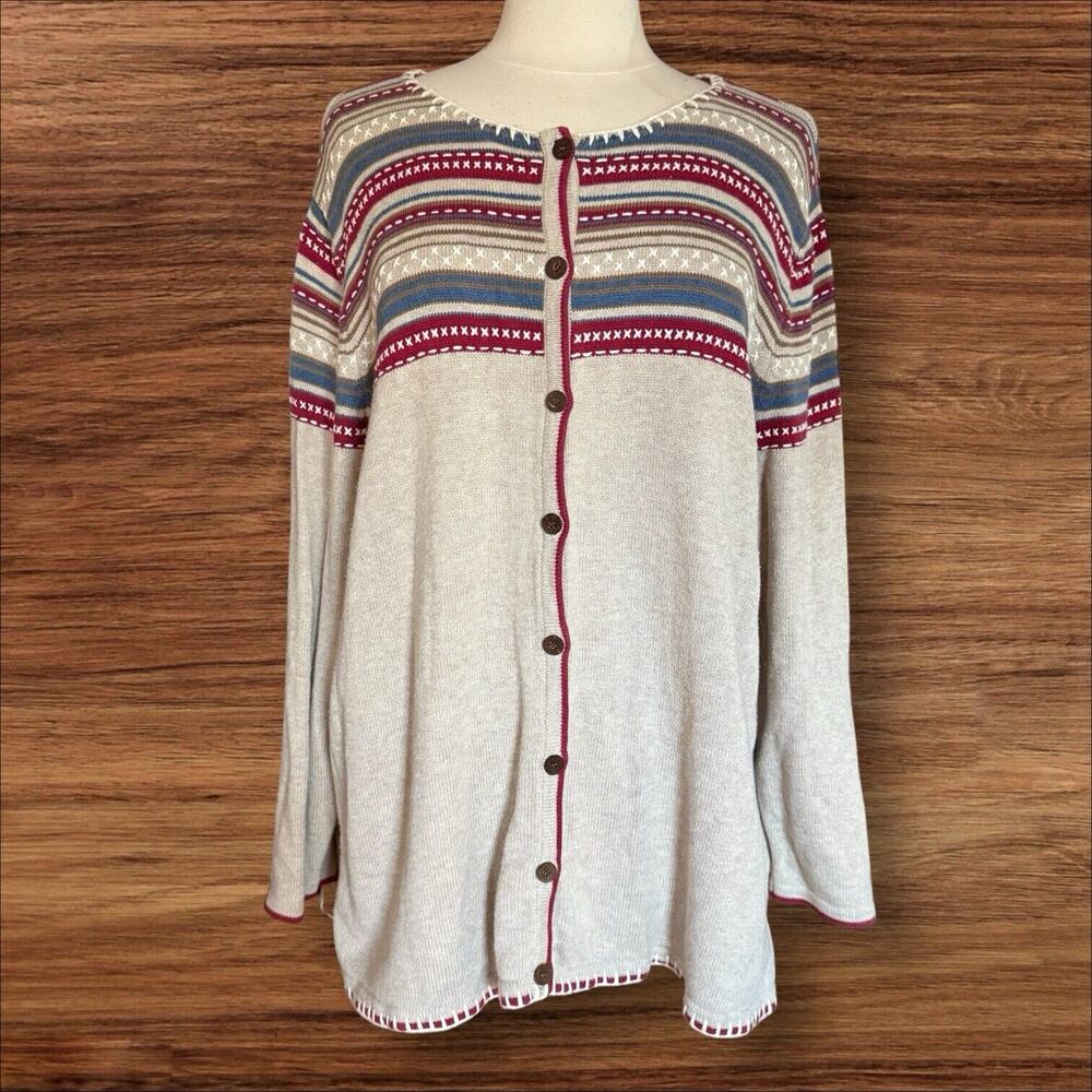 CJ Banks Hand Embroidered Tunic Length Cardigan Sweater Sz‎ 2X Button Up Preppy